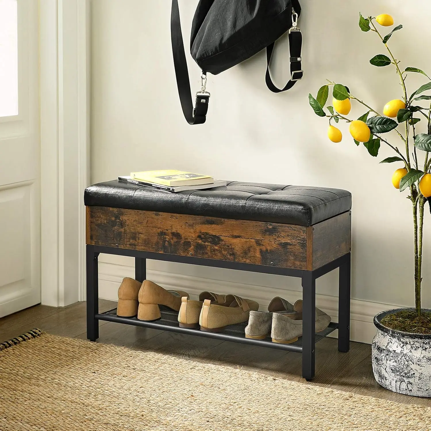 Vasagle Capadion Shoe Bench, Padded Bench With Storage Box And Shoe Shelf, Bedroom Stool, Steel Frame, Synthetic Leather,