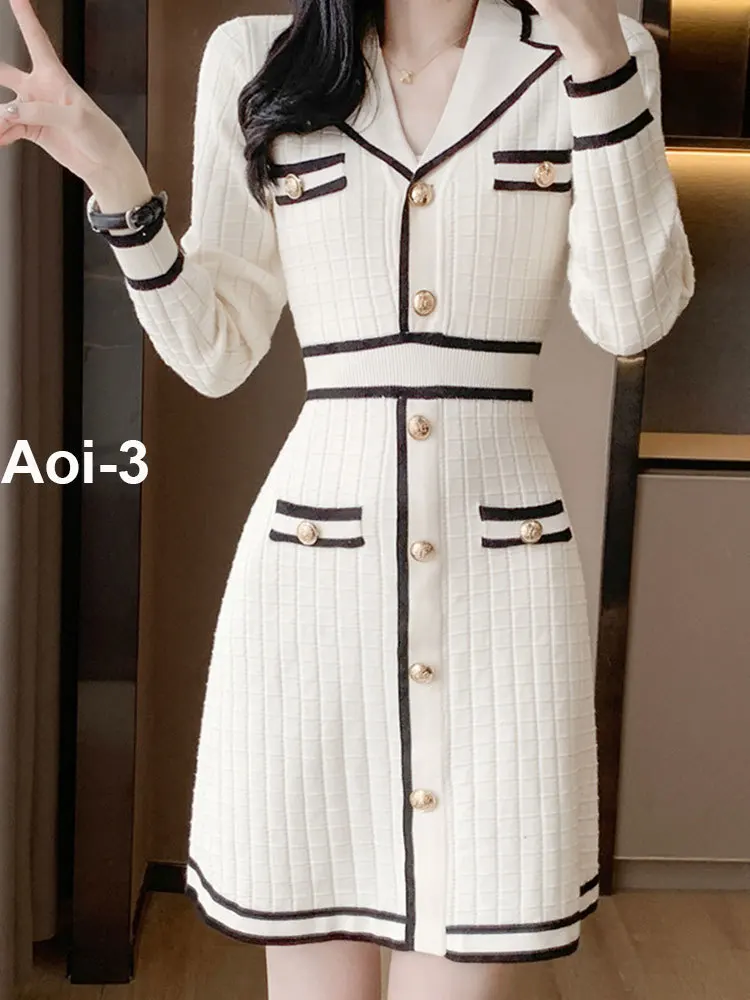 

French A-Line Knitted Dress Women 23 Autumn Winter Contrast Color Waist V-Neck Sweater Dress Long-Sleeved Slim-Fit Mini Dresses