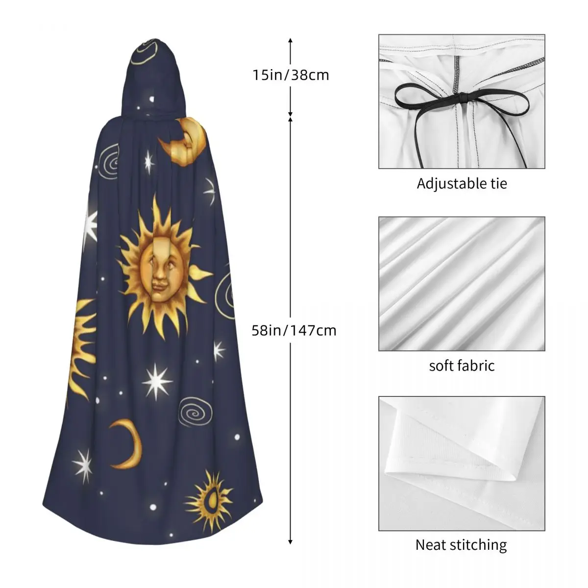 Vintage celestial sol lua longo com capuz capa bruxa traje medieval cosplay capa halloween vampiro adulto unisex