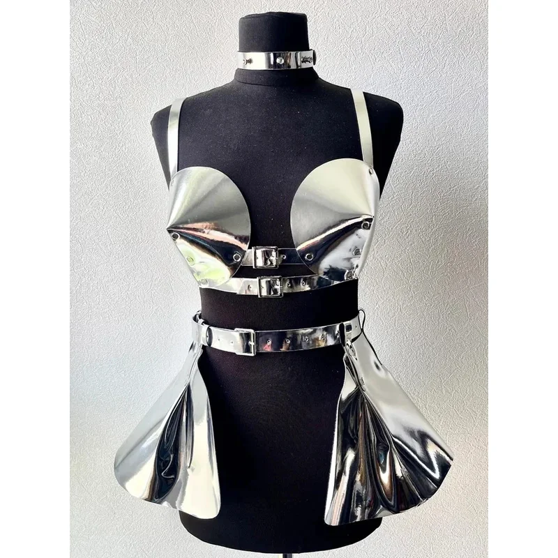 

☎ TDA Women's Pu Leather Strap Bra, Space Costume, Singer, Cosplay, Gothic Space Straps with Wings ☎