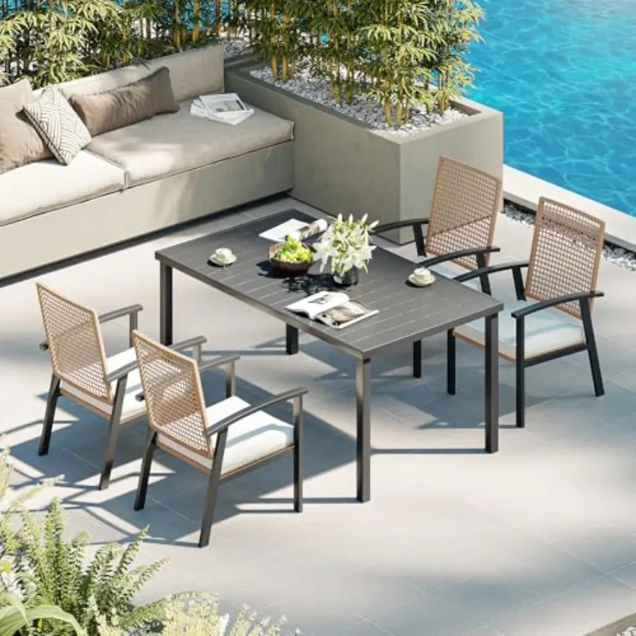 5-Piece Wicker Patio Table and Chairs Set for 4 with Umbrella Hole: Outdoor Use, All-Weather Resin Wicker, Sand Beige, Rust-Res