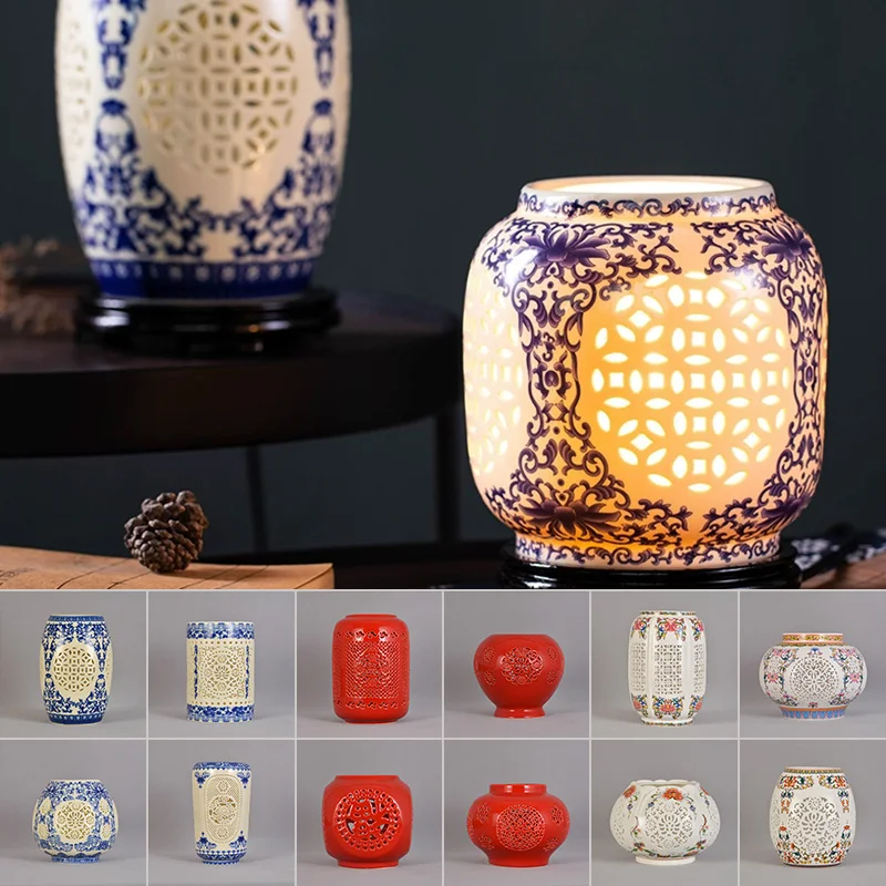 1PC Vintage Chinese Style Ceramic Openwork Lampshade Blue Floral Pattern Porcelain Table Lampshade Living Room Hotel Decor
