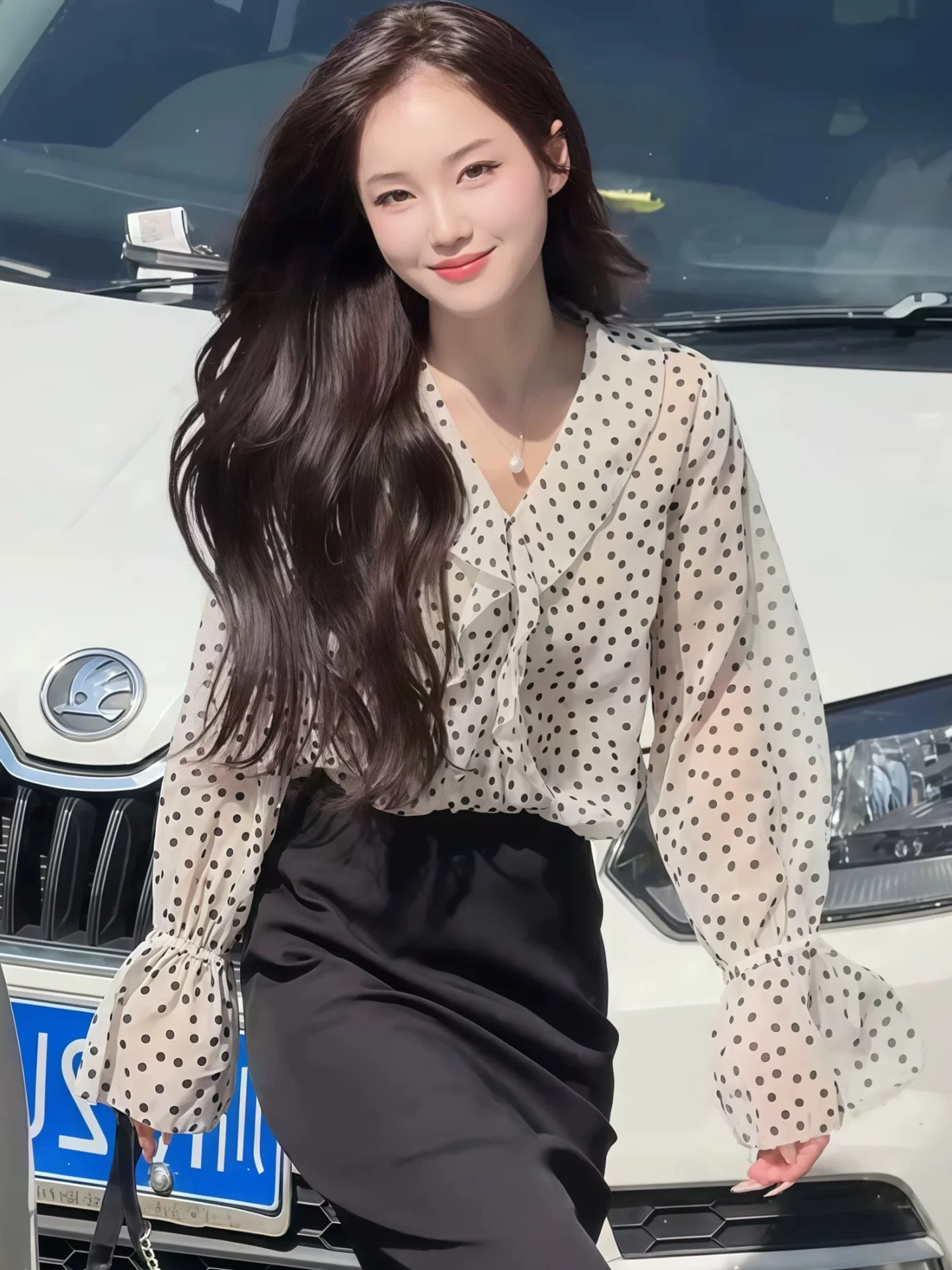 

Ele Polka Dot V-Ne Silk Chiffon irt Women's Top Color Blo Summer Faion High-End Brand Korean Sle Long Sve