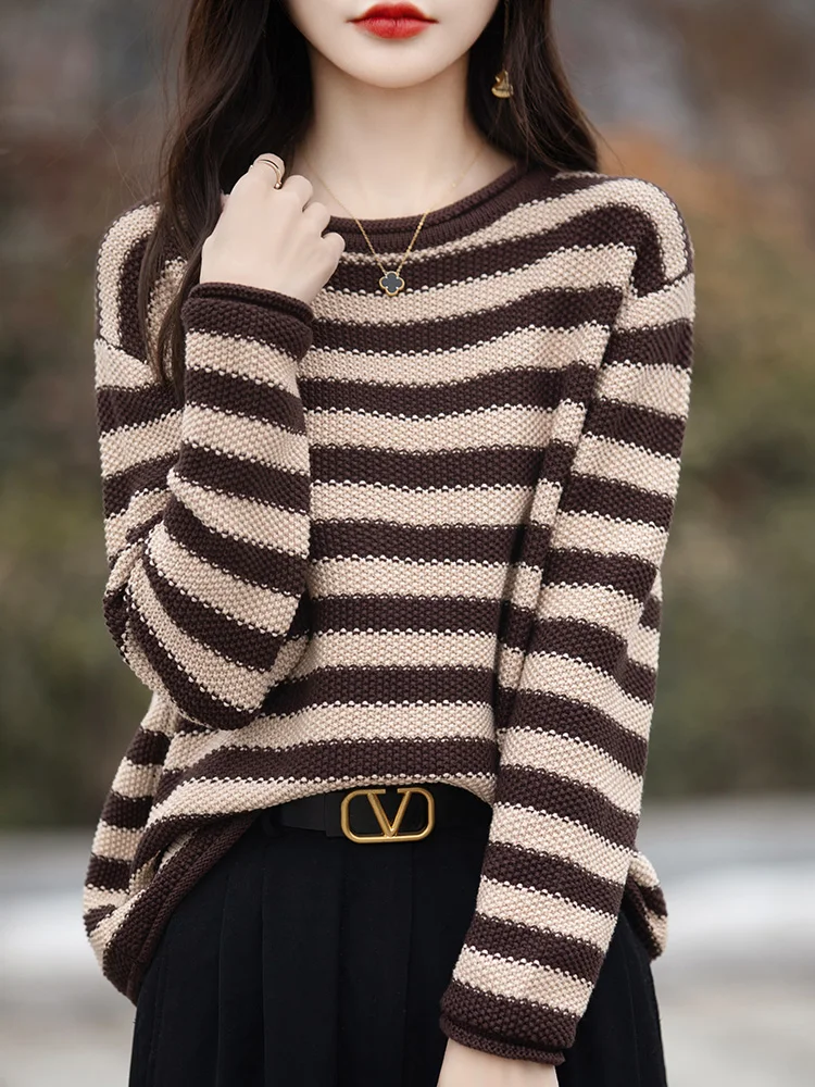 

Свободный повседневный свитер в полоску из чистого хлопка, женский круглый вязаный топ цвета блузки, базовый слой, длинный свитер свеча