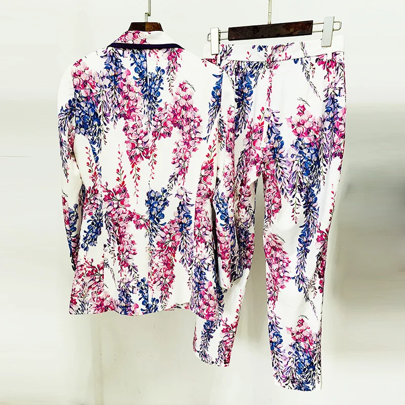 2023 Spring Europe Style Women's Pantsuit High Quality Floral Print Blazers Jackets + Pencil Pants Two Piece Set C365