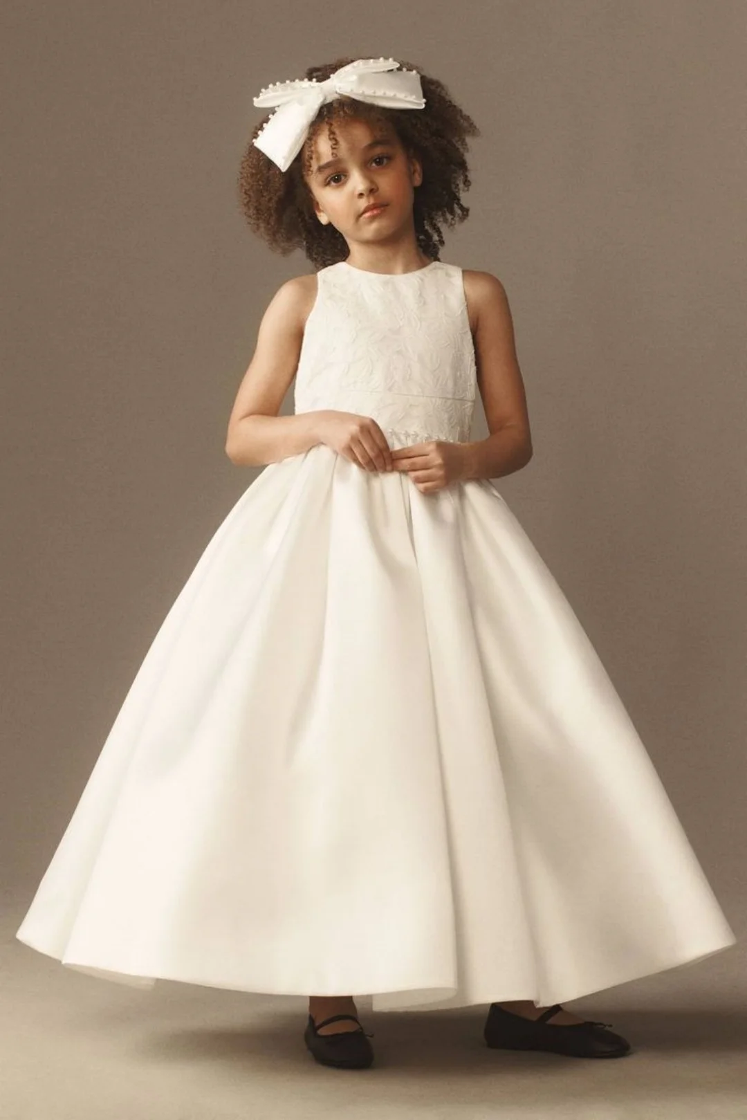 Satin Wedding Party Dresses Kid Bow Lace print Simple Flower Girl Dresses Birthday Long Dress Floor Length First Communion Dress