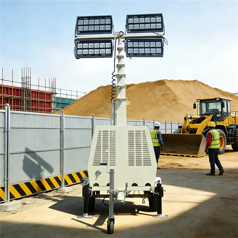9 Meter Hydraulic Lifting Mast Light Tower Trailer Mounted Lighting Station High Intensity LED/Metal Halide Construction Light