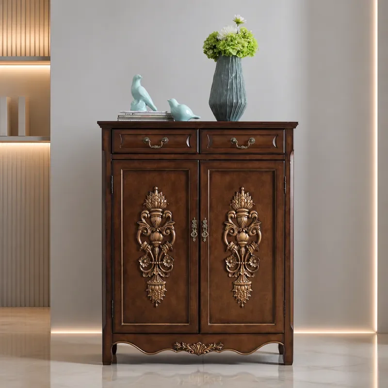 American Solid Wood Shoe Cabinet Large Capacity Multifunctional Storage Retro Carved Painted Foyer Entrance Locker