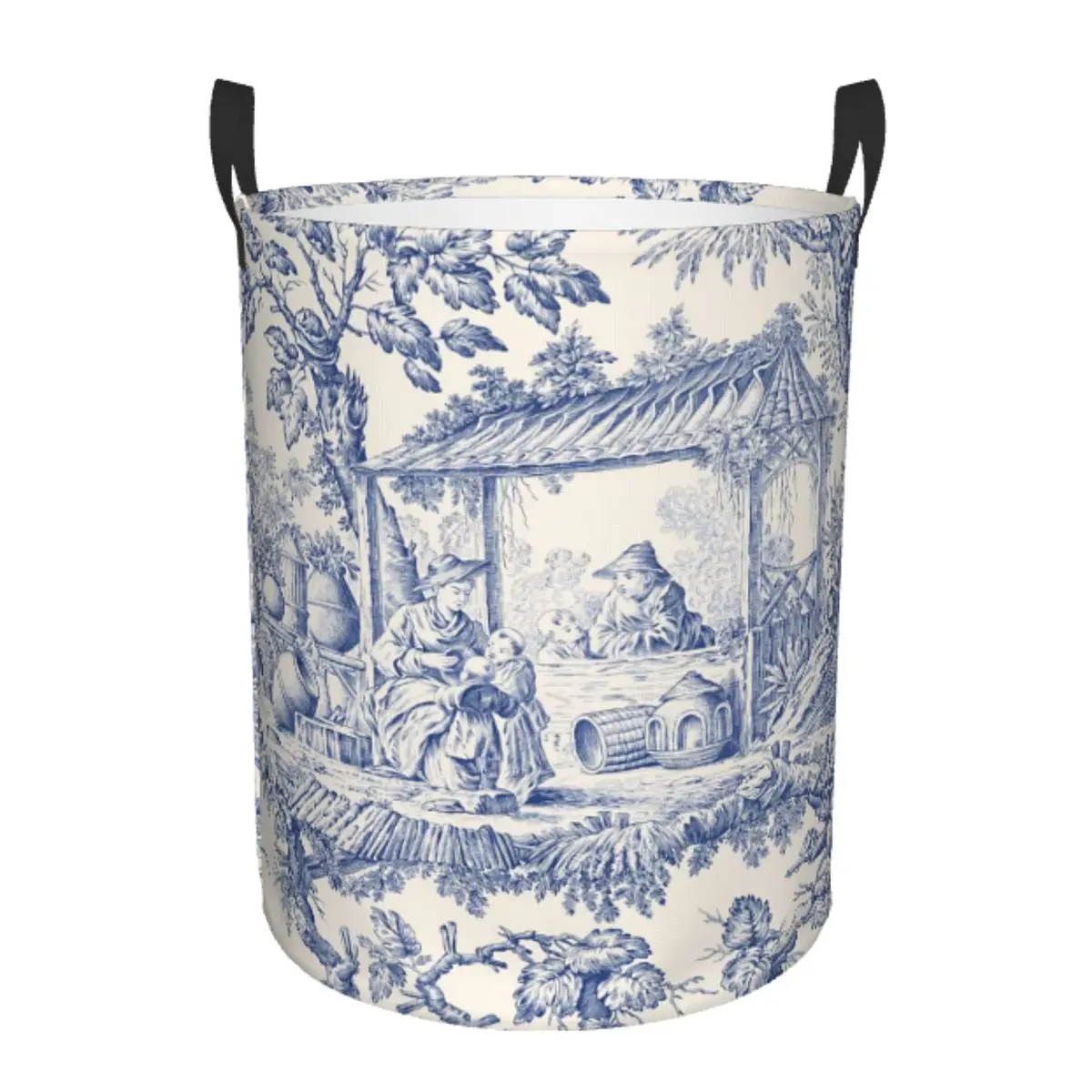 Custom Classic French Toile De Jouy Navy Blue Motif Laundry Basket Collapsible Hamper for Nursery Toys Organizer Storage Bins