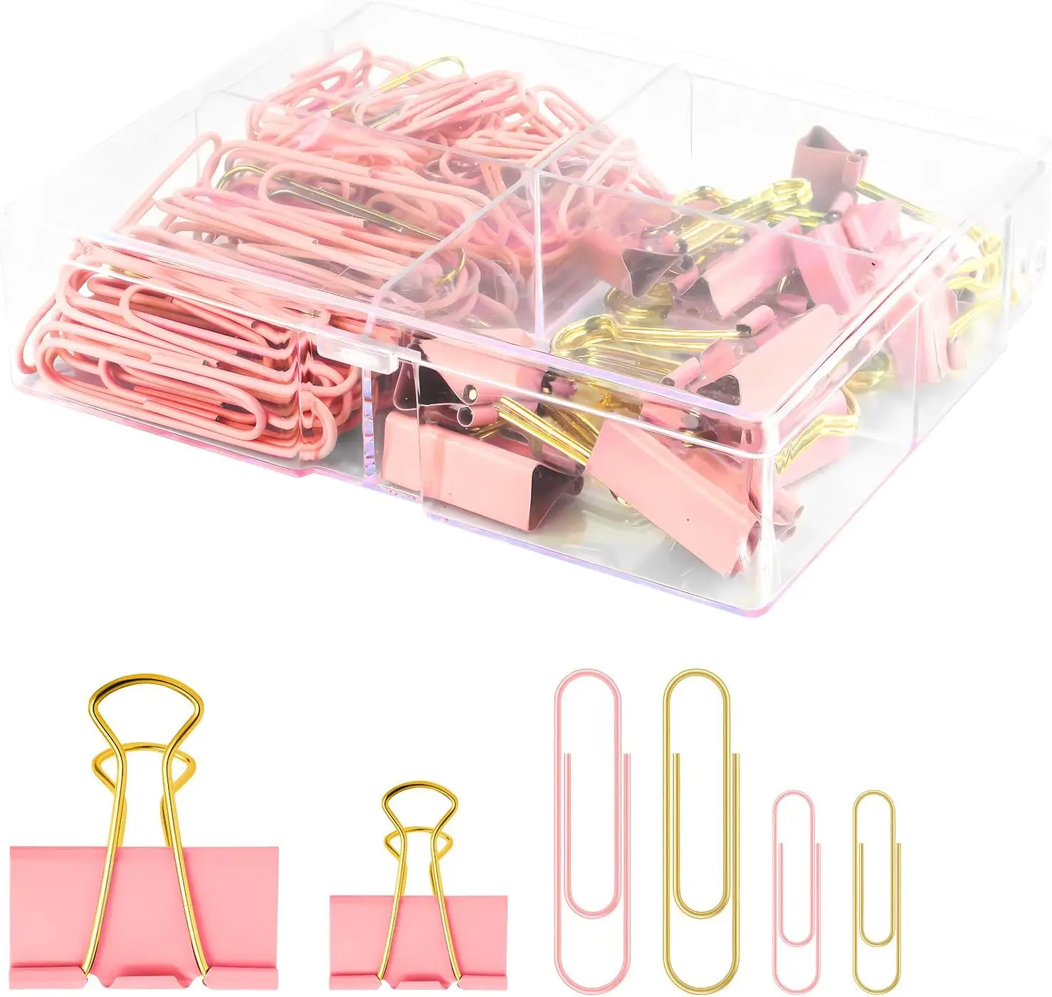 

165 Pcs Pink & Gold Paper & Binder Clips Set with Storage Box, Assorted Sizes, Cute Office Supplies for School, Home, Journal