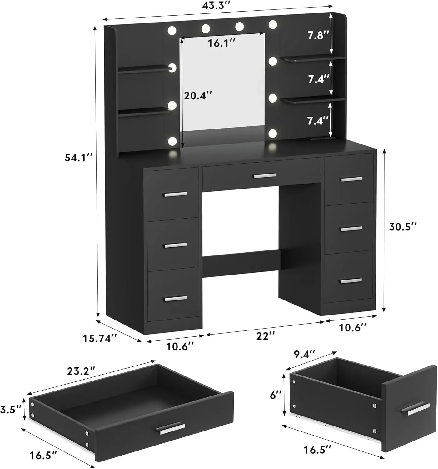 Vanity Desk with LED Lighted Mirror&Power Outlet, 3 Model Lights Makeup Vanity Table with 7 Drawers and 6 Storage Shelves image 6