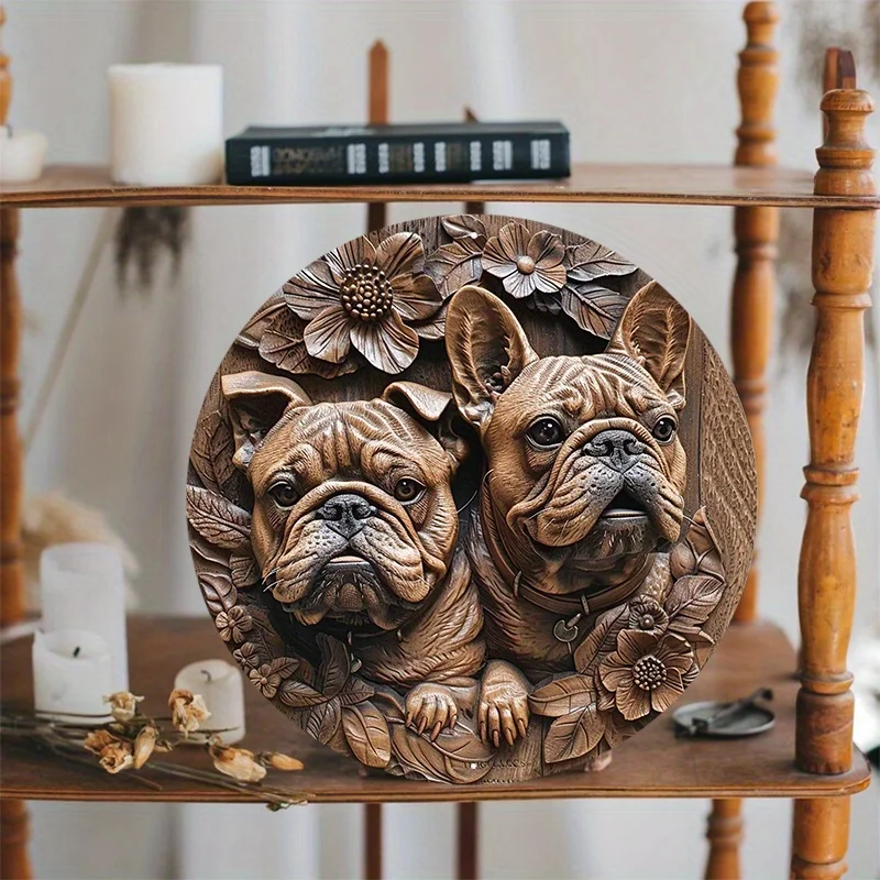 Round French Bulldogs Aluminum Metal Sign, Decorative Door Hanger, Wall Art, Wreath Sign