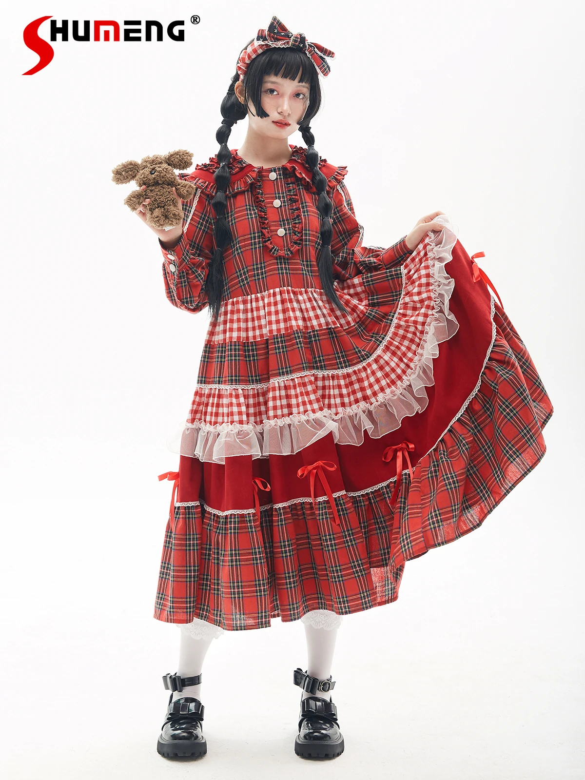 

Christmas Party Red Plaid Long Dressees Spring and Autumn New 2025 Girls Women's Loose Slimming Long Sleeve Lolita Dress OP