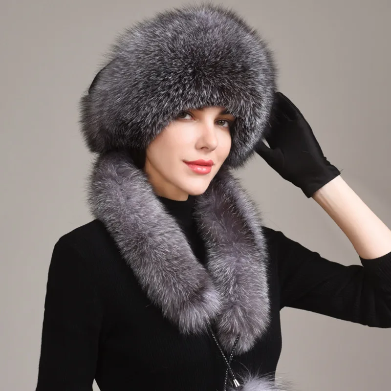 Real Fox Fur Hat Winter Women's Fur Scarf Hat Warm Ear Protection Hat Outdoor Thickened Russians Caps Natural Fox Fur Cap Ladies