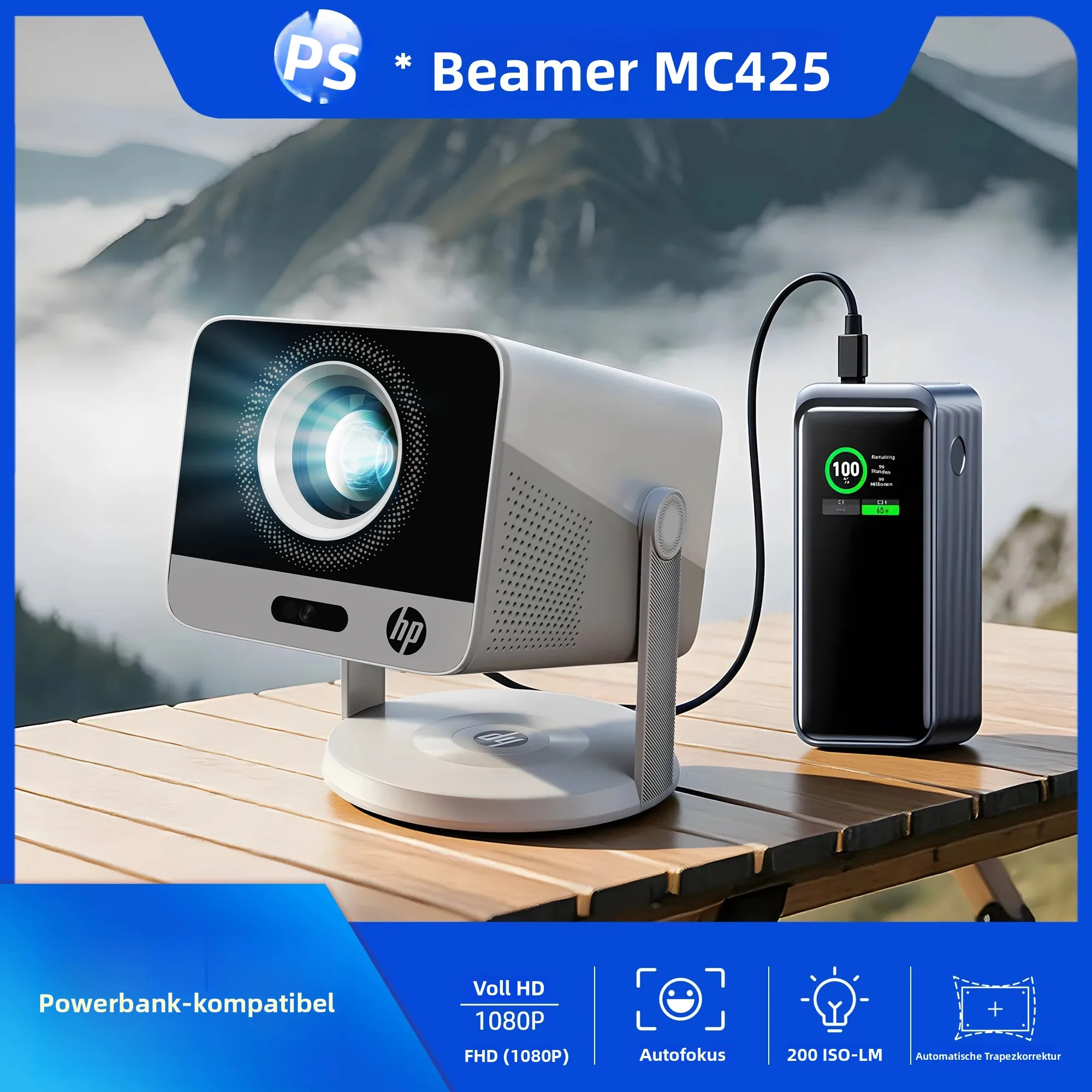 HP Tragbarer Projektor MC425 1920x1080P Full HD 200LM Auto-Korrektur 90° °   Drehbarer Dual-Band WLAN 5.4 Bluetooth 3W Lautsprecher USB-C