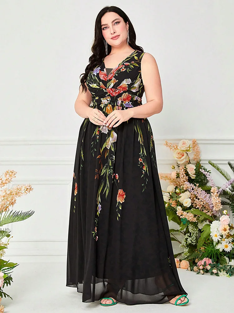 Toleen Sommer plus Größe Frauen Kleidung sexy V-Ausschnitt Blumen druck ärmel los 2024 neue Chiffon lässig elegant Party Abendkleid