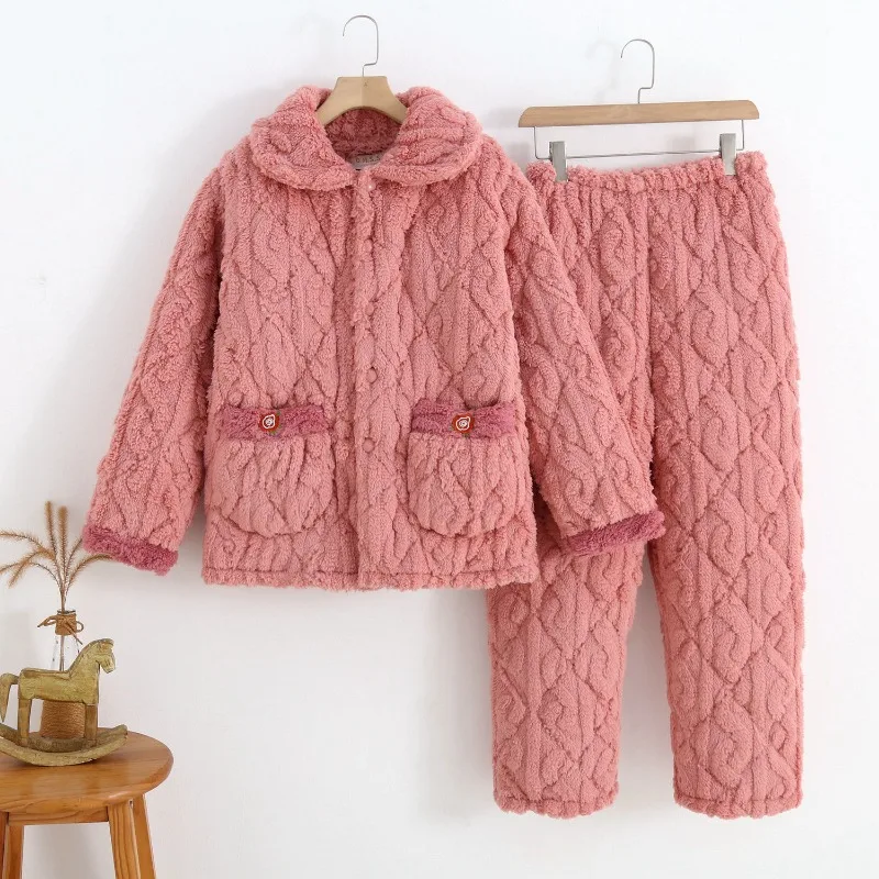 Middle Aged Elderly Winter Cotton Padded Pajamas Three Layers Thickened Coral Velvet Homewear Women's Oversized Loungewear Set