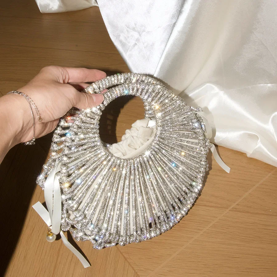 New Arrival Chic Hollow Beaded Chain Handbag Shiny Rhinestone Party Prom Glam Evening Purse