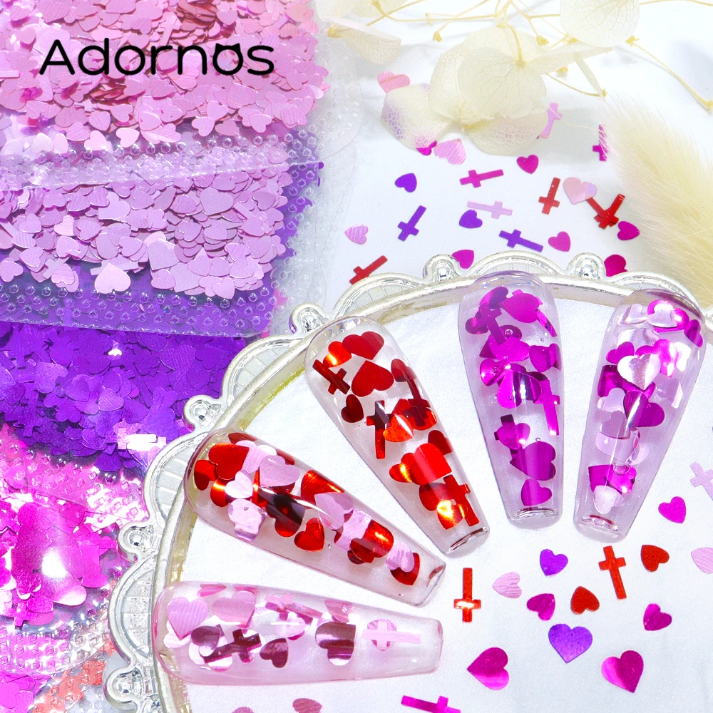 6 Bag/set Valentines Love Heart Glitter Sequins Nails Charm Red Series Cross Laser Flakes Manicure Parts DIY Nail Art Decoration