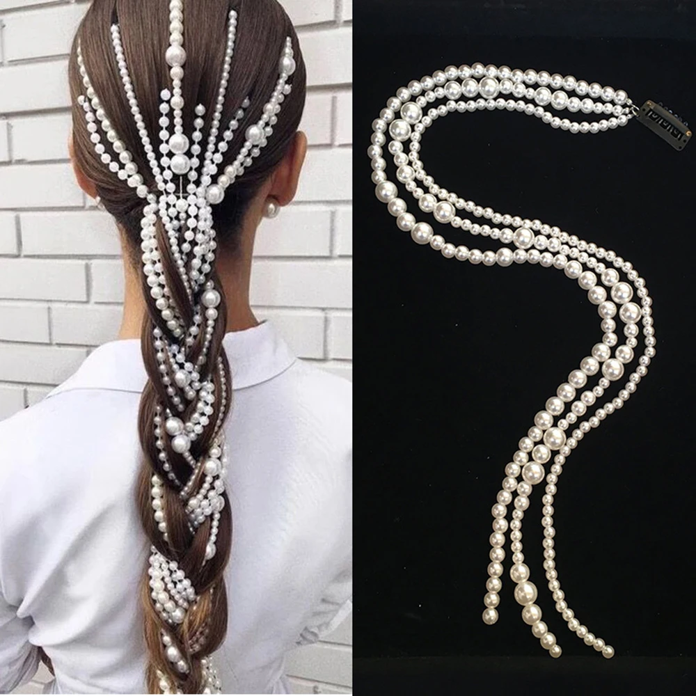 New Pearl Hair Extension Chain Clip Punk Bohemian Ponytail Hair Accessories Wedding Jewelry Hairware for Girls and Women Gidt