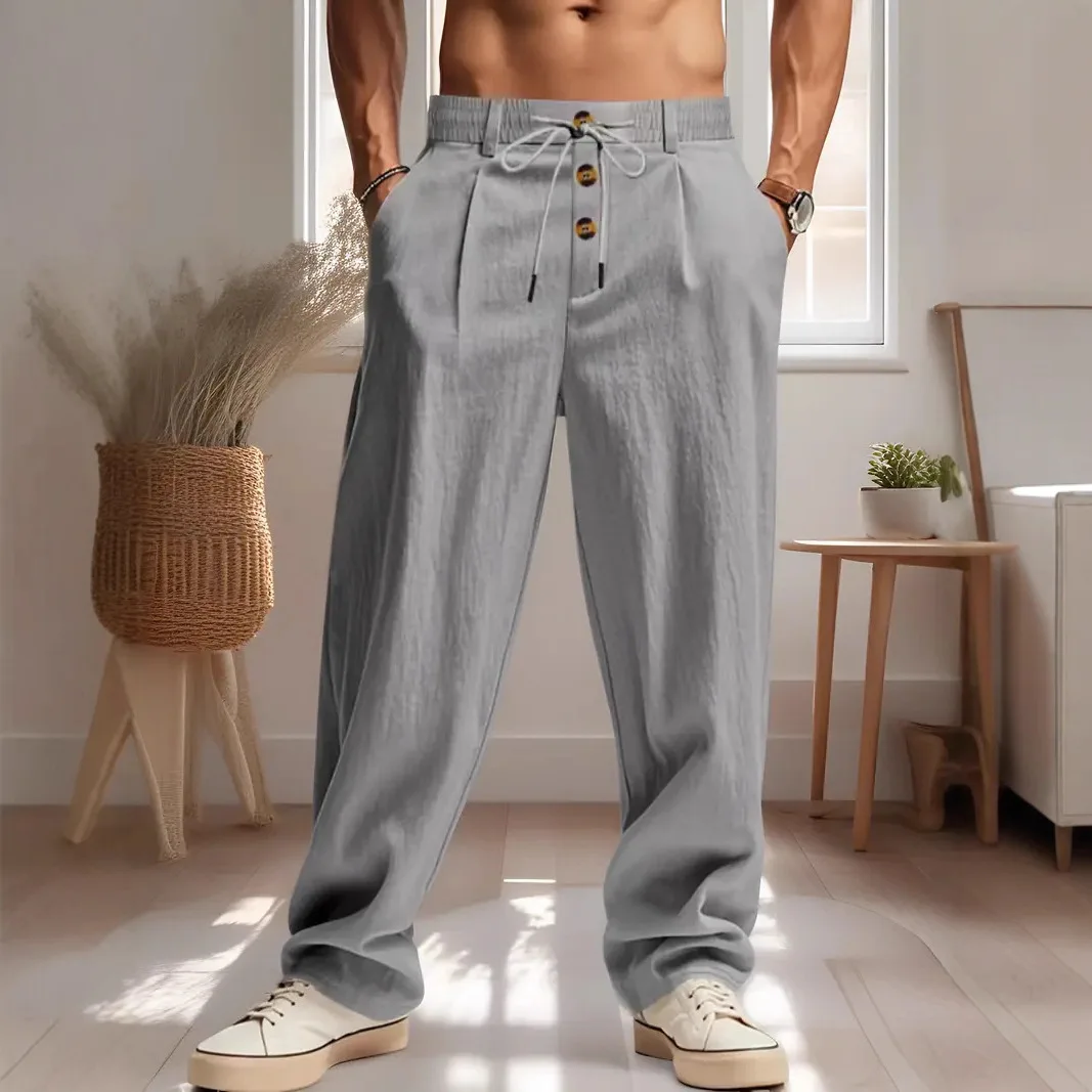 New men's casual sports pants, spring-autumn loose and comfortable cotton and linen breathable outdoor plain-colored pants