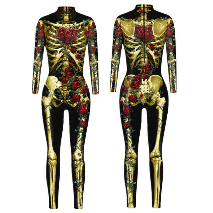 Festtags-Karnevalskostüm Skelett-Bedruckte Bodysuits für Frauen Bunte Halloween-Cosplay-Jumpsuits Zentai-Catsuit – Detail 12