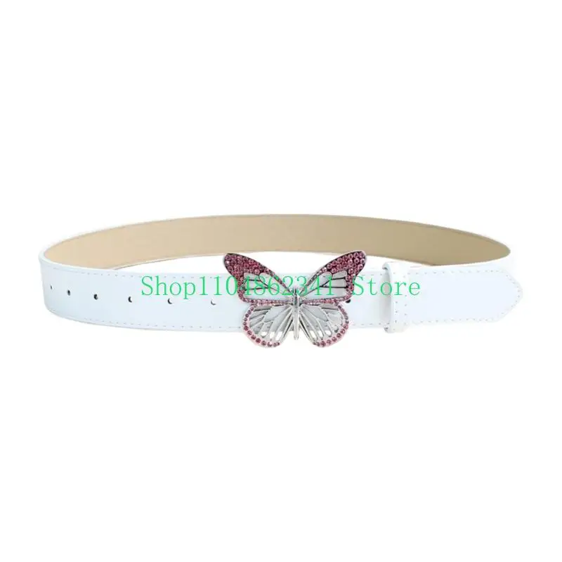 652F Sophisticated PU Leather Waist Belt Girdle Waist Band with Eye Catching Rhinestoned Butterfly Design for Various Outfits
