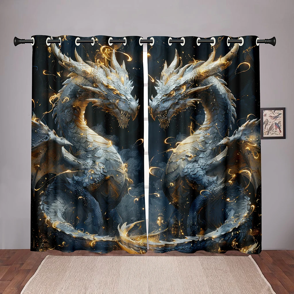 

Mystical Dragon Curtains 2 Panels 3D Print Sun Block Drapes Black Gold Fantasy Bedroom Living Room Decor Creative Unique