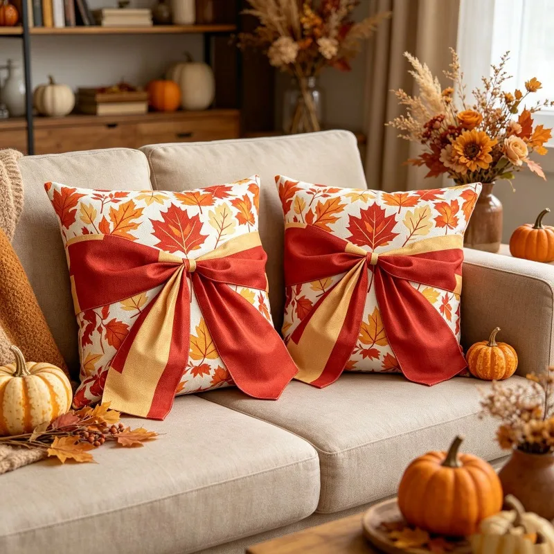 Fall Maple Leaf Print Throw Pillow Cover Bow Pattern Autumn Harvest Decor Cushion Case for Sofa Couch Home Decor