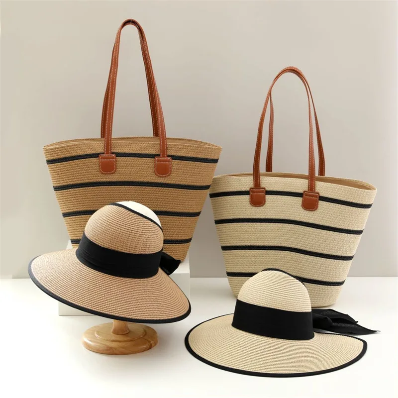 USPOP Two-piece Sets Empty Top Straw Hat Women Summer Beach Sunshade Large Capacity Shoulder Bag