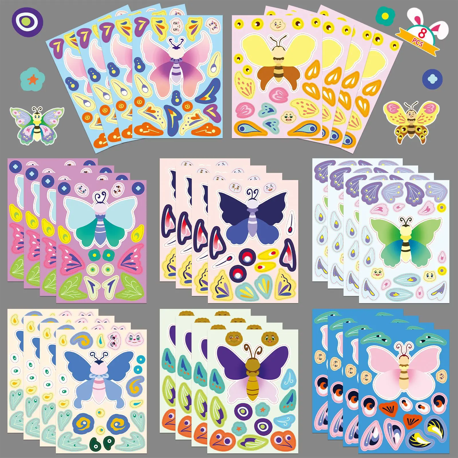 8Sheets Cartoon Butterfly Stickers DIY Mix and Match Butterfly Sticker Sheets Insect Craft Puzzle Stickers Party Activity Game