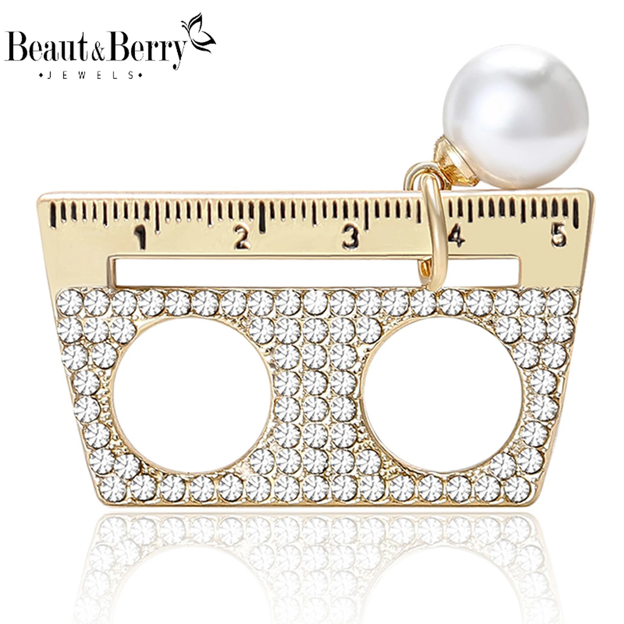 Beaut&Berry Luxury Rhinestone Ruler Brooches for Women Tool Pins Casual Party Accessories New Gifts Friends Decoration