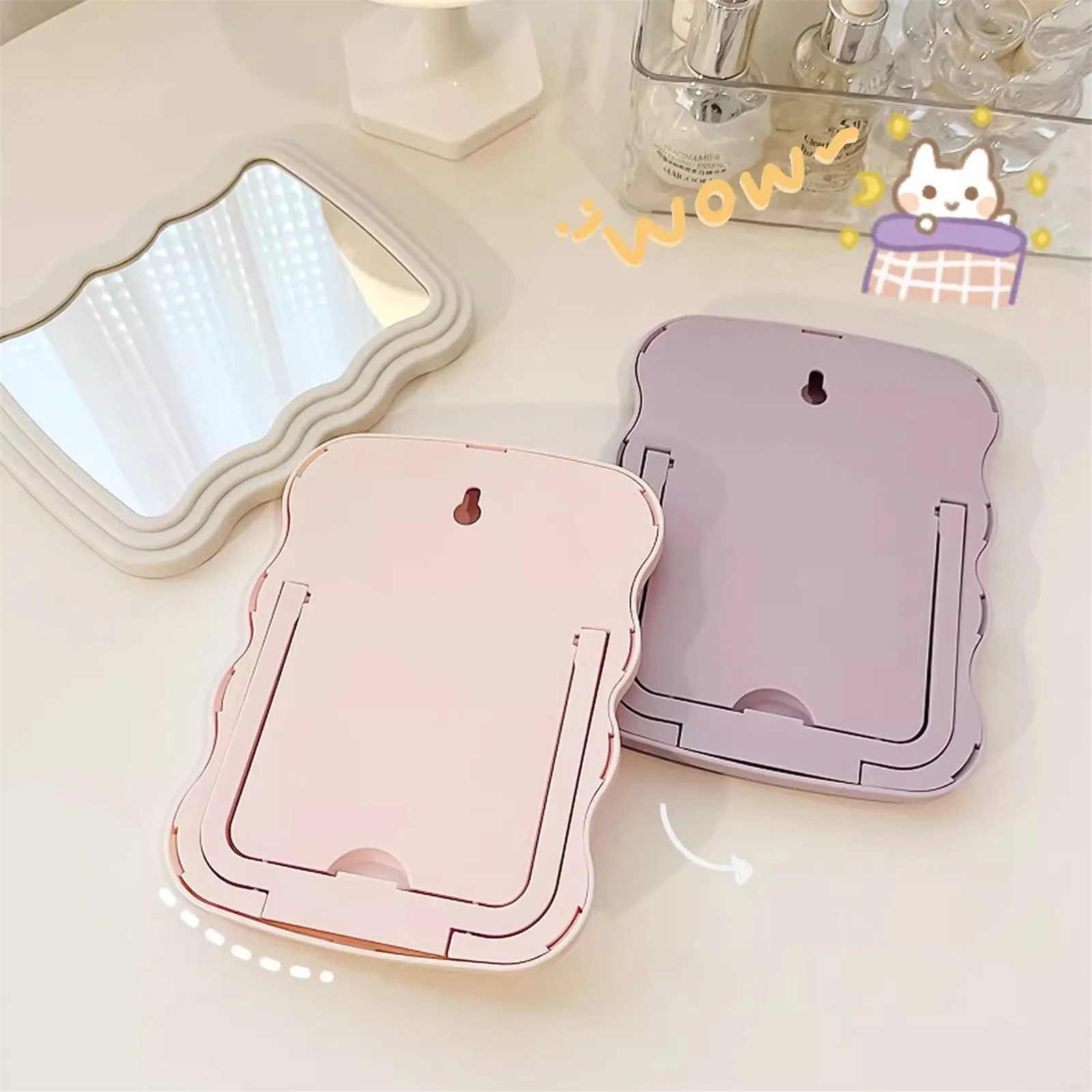 Cute Corrugated Desktop Makeup Mirror Solid Color Simple Portable Handheld Makeup Mirror Foldable Creative For Women