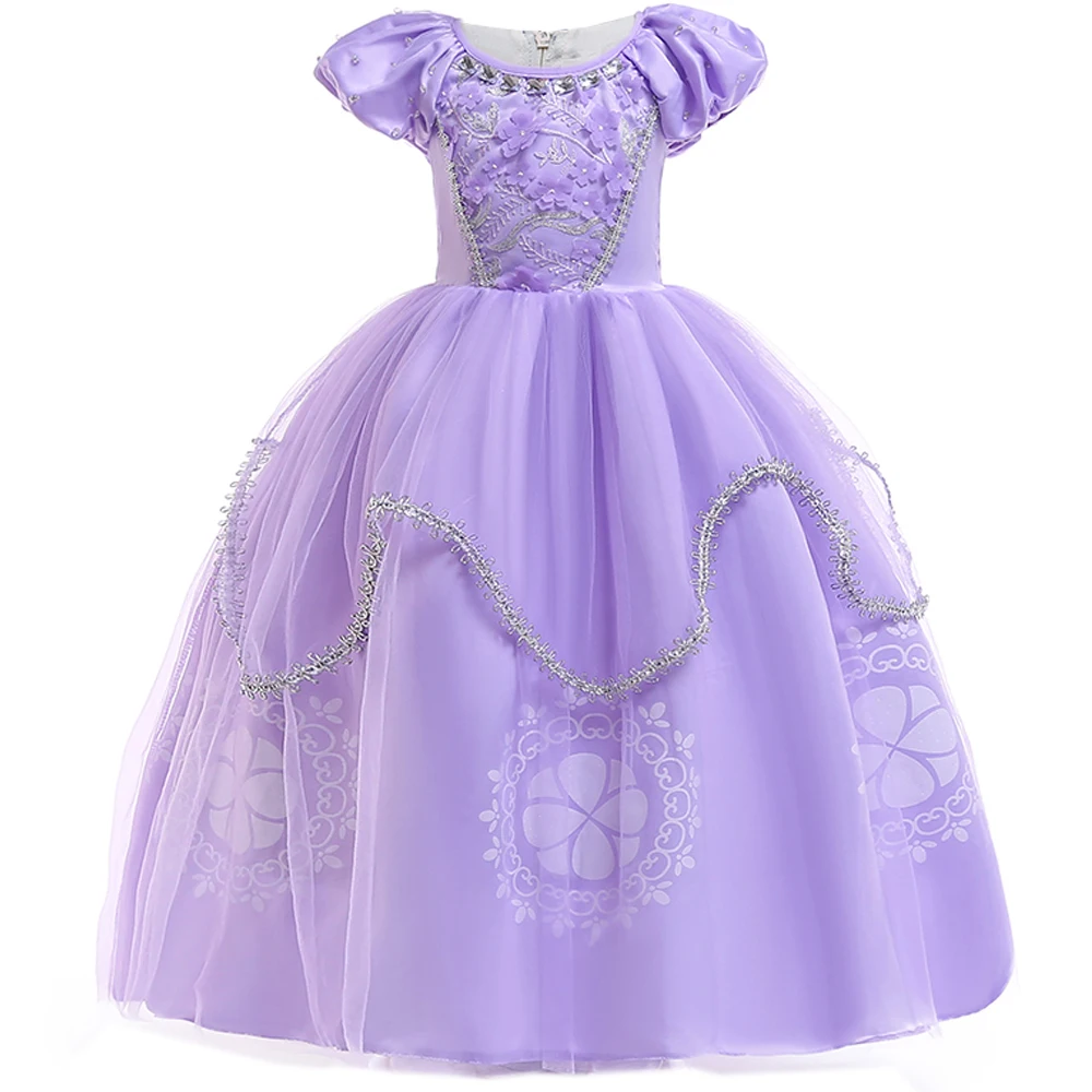 Summer Sophie Girls Dress Children Day Performance Birthday Princess Kids Dresses for Girl Flower Purple Tulle Short Sleeve Gown