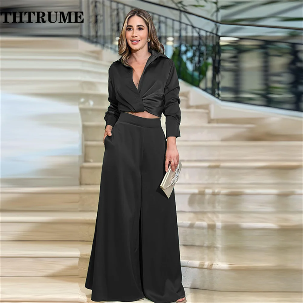 Elegant Satin Print Loose Two Piece Sets Fashion Women Autumn Long Sleeve Lapel Shirts Wide Leg Pant Outfits Casual Streetwear