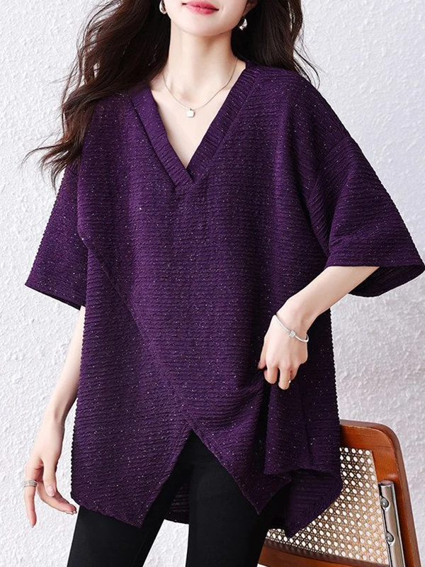 

plus Size Casual V-Neck Midi T-Shirt Women's Short Sleeve Breathable Comfortable Summer Fashionable Belly Covering Top