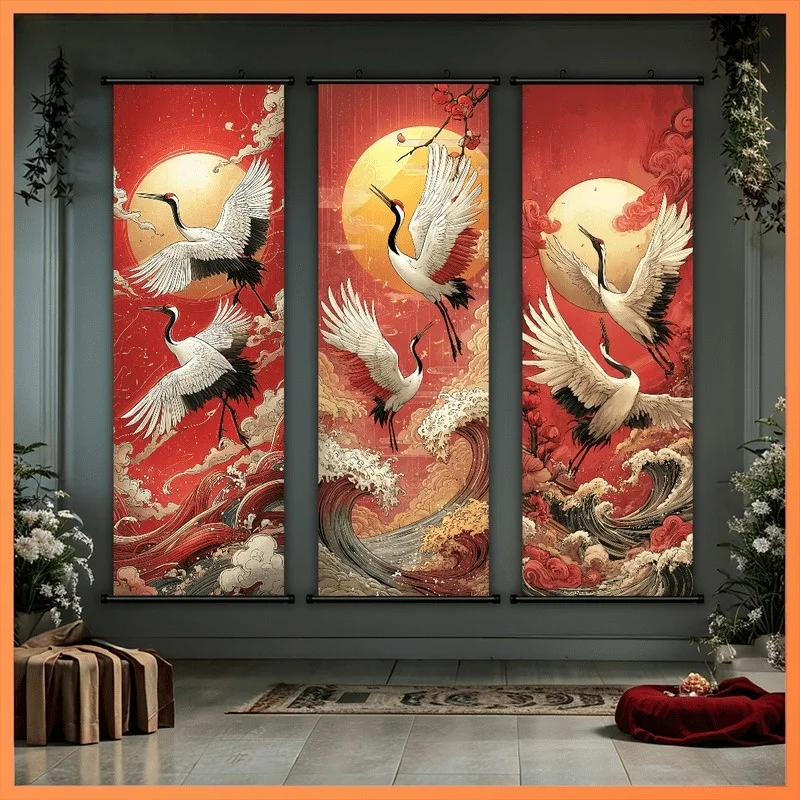 3pcs Red Crowned Crane Wave Sunset Plastic Scroll Wall Art Painting Canvas Print Poster for Living Room Office Hallway Home Deco