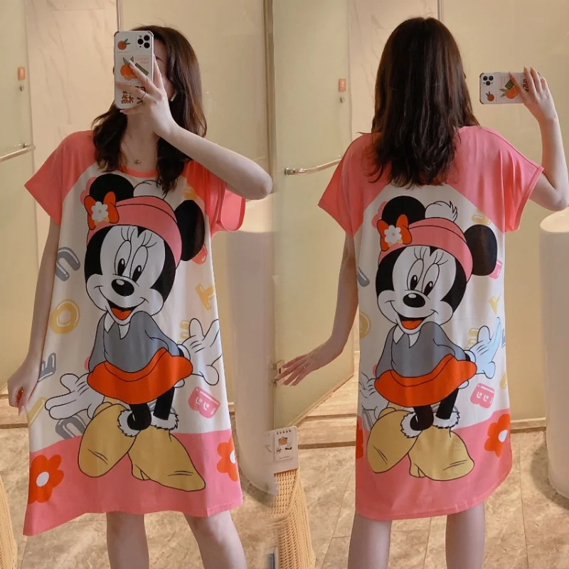 Disney Stitch gaun malam ukuran besar wanita, gaun malam kasual lengan pendek motif kartun Mickey longgar dan lucu