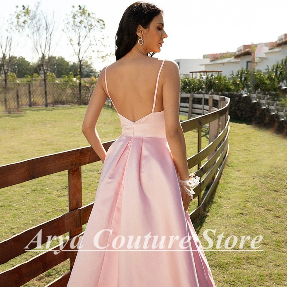 Simple Pink V-Neck Evening Dress Spaghetti Strap Sleeveless Sexy Open Back A-Line Floor Length Women with Pleat and Belt Gowns