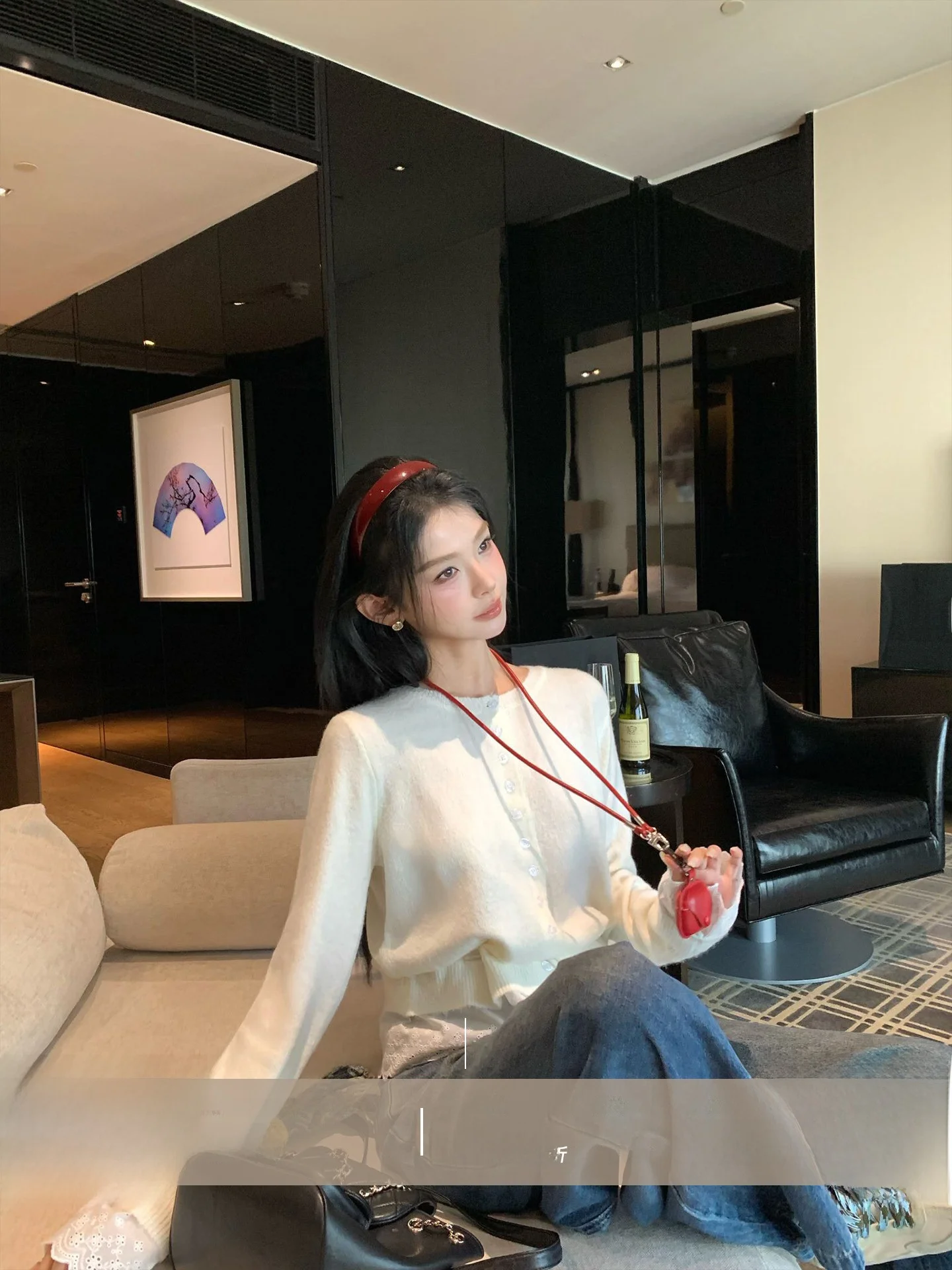 

Sweet Heart Lace Trim Splice Knitted Cardigan Women's Belted Waist Design Sense Top Soft Nylon Blend Long Sve round Ne