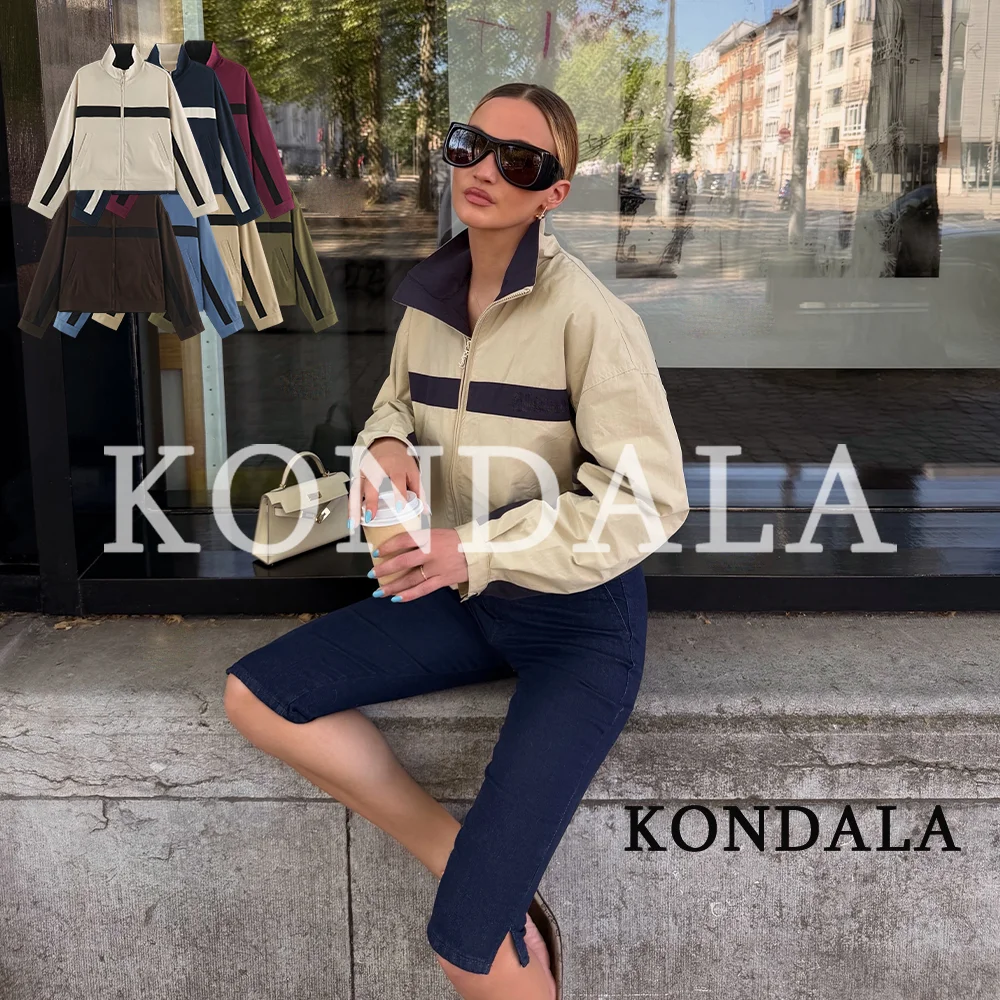 KONDALA Women Elegant Casual Spliced Jacket Stylish Sports Style Jacket 2026 Early Autumn/Fall Trendy Stand-Collar Zipper Jacket