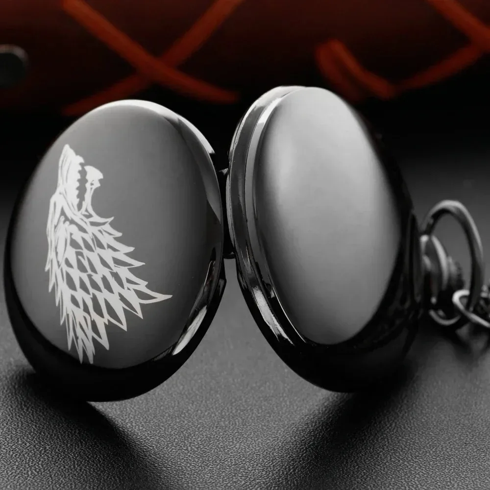 클래식 밝은 검은 색 야생 Direwolf 헤드 오른쪽 아랍어 디지털 석영 주머니 시계 목걸이 펜던트 시계 체인 남성 여성 선물