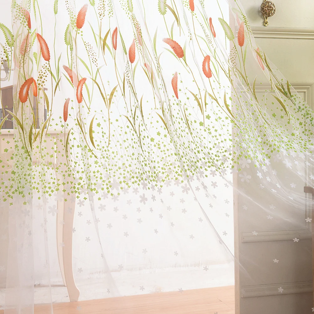 

Grass Print Sheer Curtain Window Screen For Room Decor Polyester Light Filtering Privacy Door Scarf Window