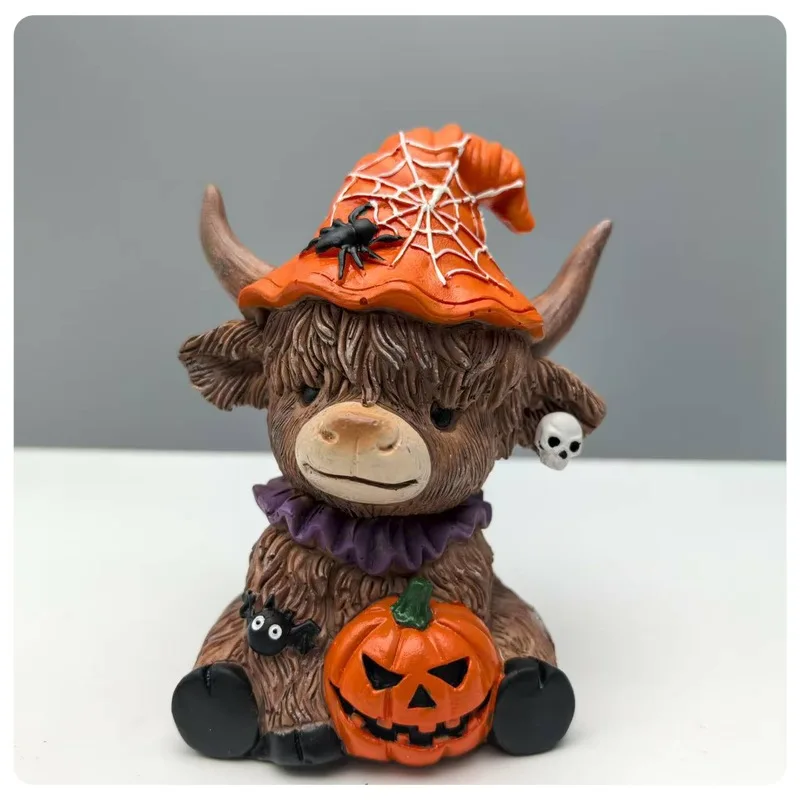Novo halloween aranha abóbora highland vaca estátua decoração de escritório em casa ornamentos mesa esculturas brinquedos e hobbies