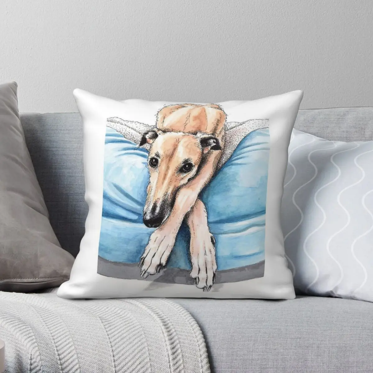 

Greyhound On Blue Bed Square Pillowcase Polyester Linen Velvet Printed Zip Decor Pillow Case Room Cushion Cover