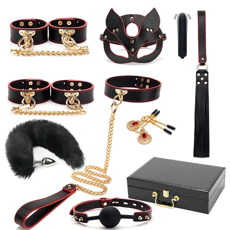 

Slave BDSM Bondage Kits Genuine Leather Restraint Set Handcuffs Collar Gag Anal Vibrators Sex Toys For Women Couples Adult Games