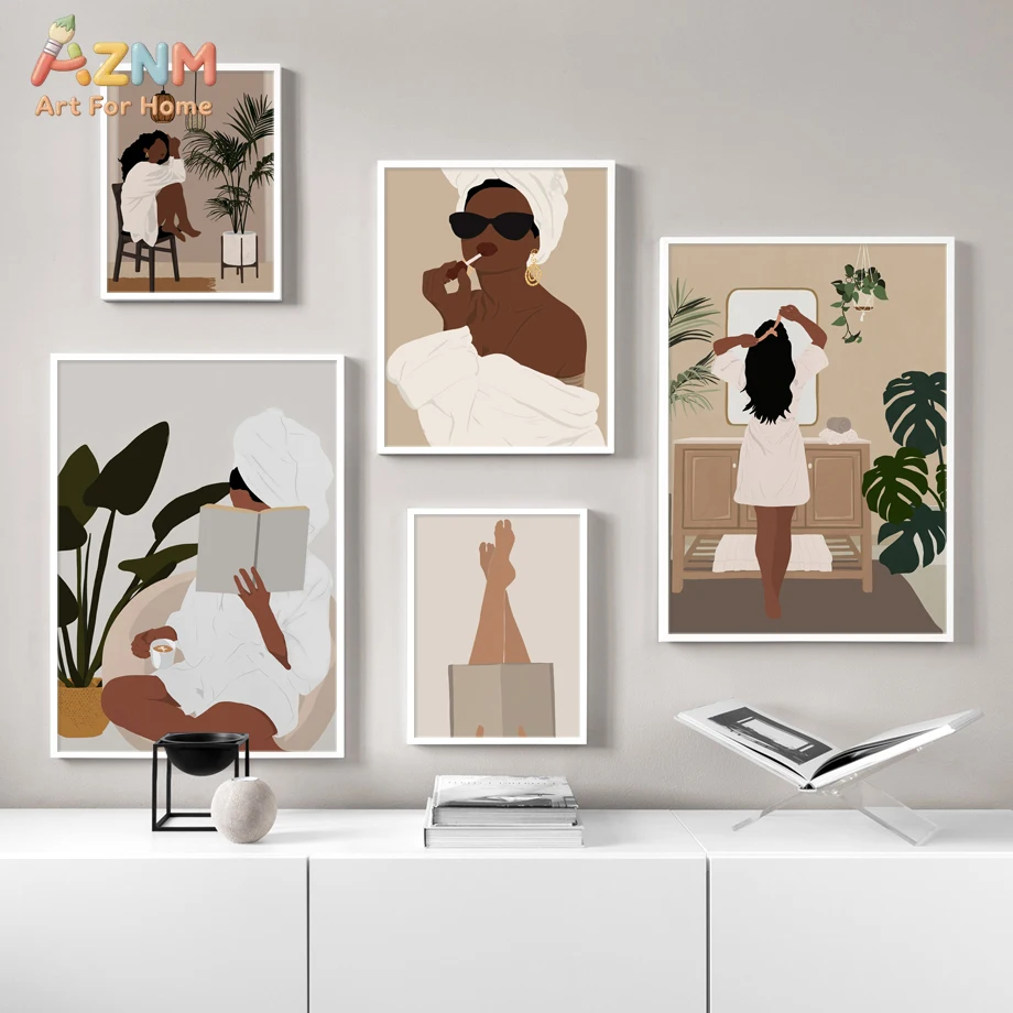 AZNM Unframed Boho Black Woman Relaxing Canvas Wall Art, Minimalist Self Care Reading Bathroom Scene Print, Modern African Ameri