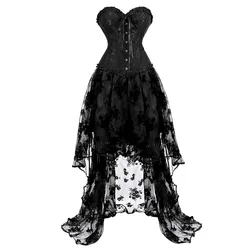 Sexy Victorian Corset Dress Tutu Black Overbust Corset Women Lace Skirt Set Gothic Plus Size Costume Burlesque Corselet Clubwear