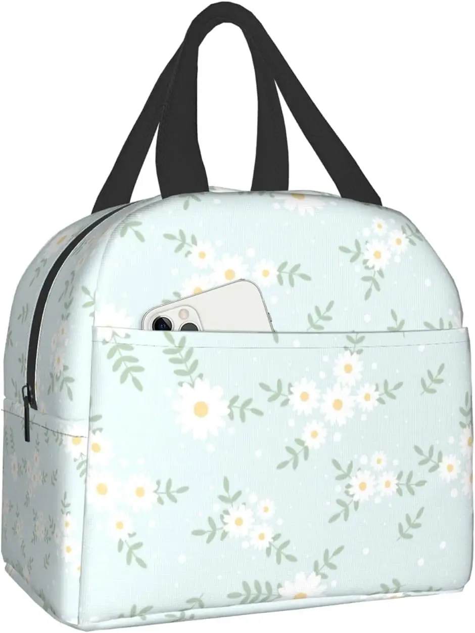 Daisy Flower Blue Insulated Lunch Bag Protable Thermal Cooler Tote for Adults Kids Work School Picnic Beach Reusable Lunch Box