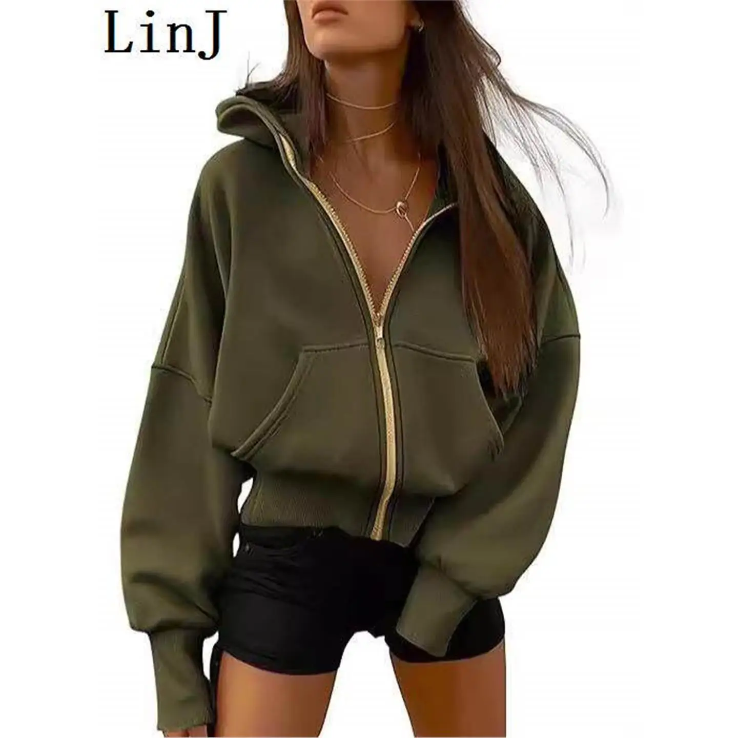 

Women's Zipper Hooded Long Sleeve Short Sportswear Woolen Jacket Fashion Autumn Winter Clothes Casual Outfit Thickened Fabric